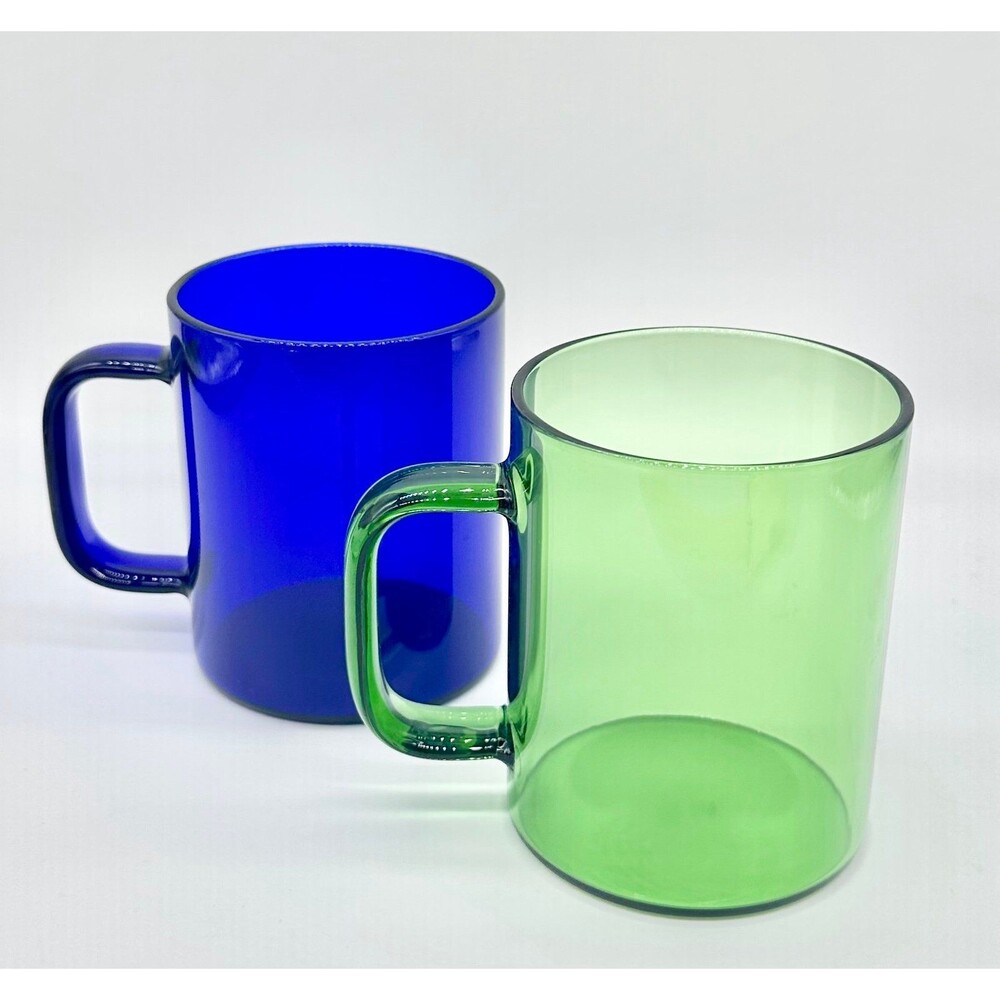 Set of 2 Glass Coffee Mugs Cups Cobalt Blue Emerald Green